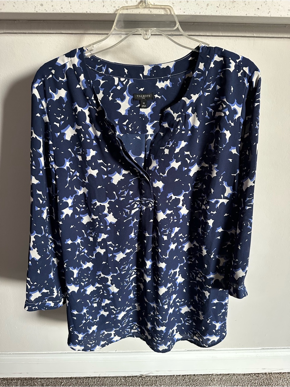 Talbots Navy and White Abstract Floral Henley Blouse